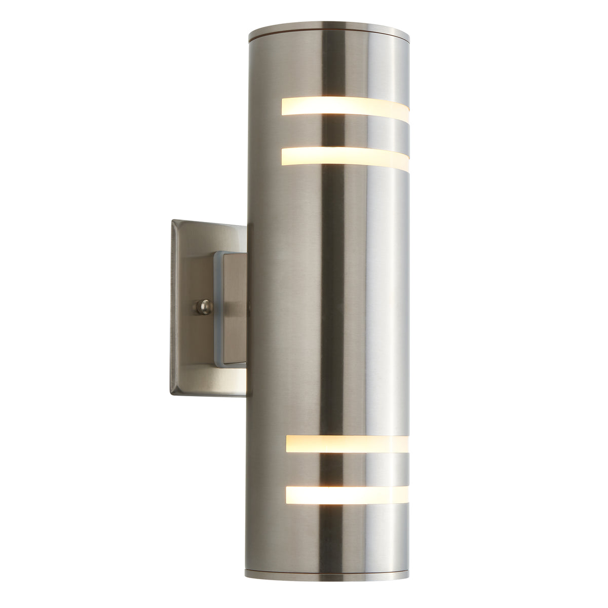 A modern, brushed metal wall sconce light fixture with a cylindrical shape and horizontal cutouts emitting soft white light, mounted on a rectangular base.