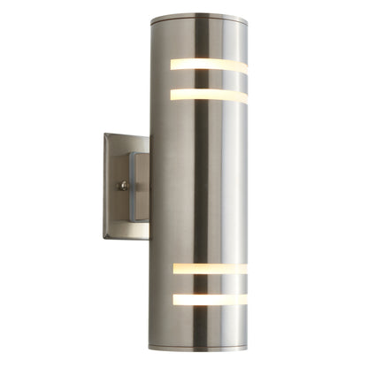 The Artika Voltz indoor-outdoor wall light features a brushed metal cylindrical body with horizontal slits for warm illumination, a modern vertical design, and a rectangular metal wall plate.