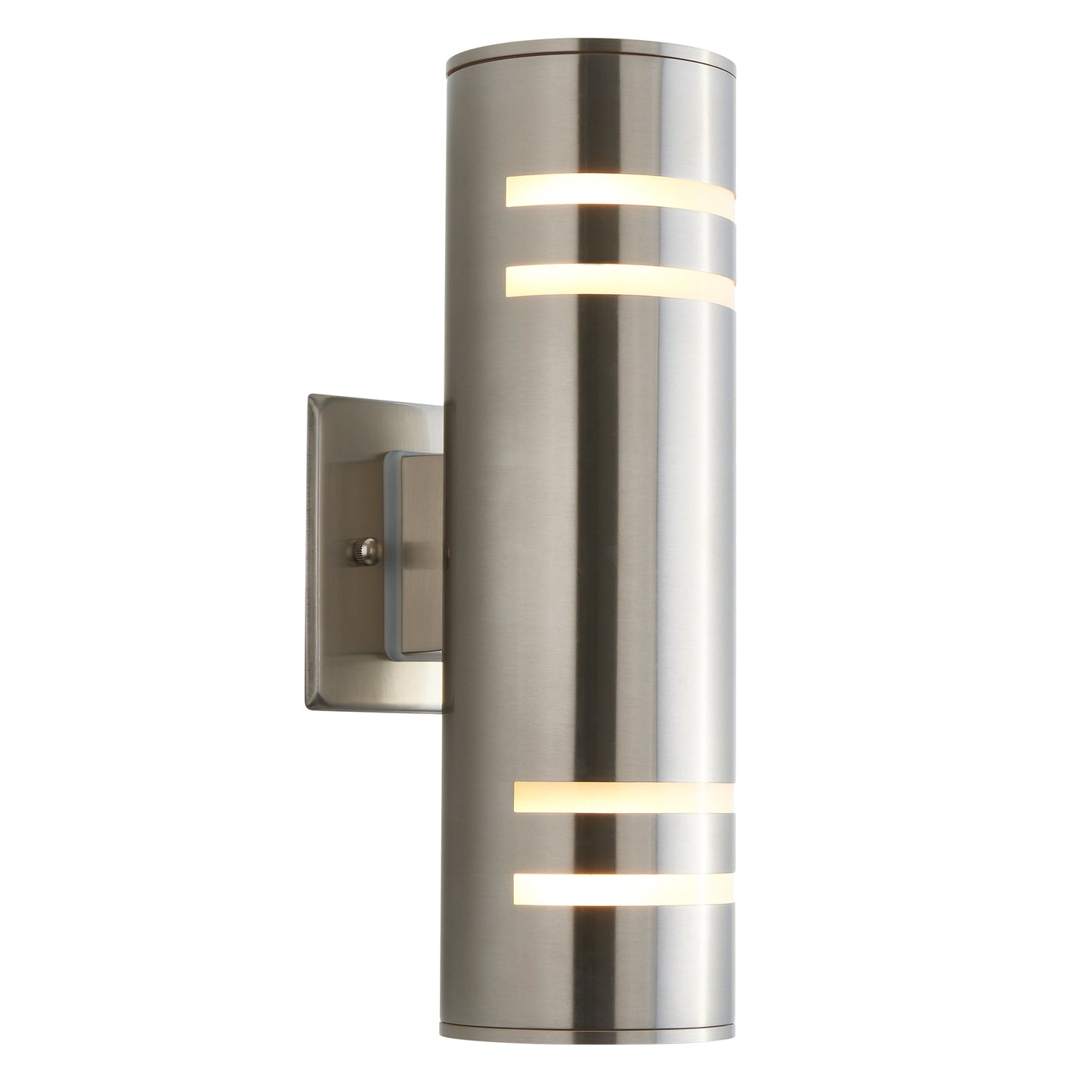 The Voltz indoor/outdoor wall light by Artika-CAN-dev is a modern, weather-resistant cylindrical stainless steel fixture with horizontal cutouts that emit light from the top, middle, and bottom sections.