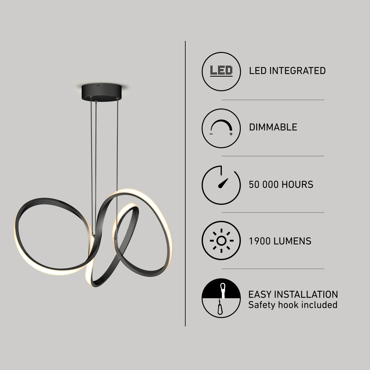 Modern black LED pendant light with curved design. Text highlights features: LED integrated, dimmable, 50,000-hour lifespan, 1900 lumens brightness, and easy installation with a safety hook included.