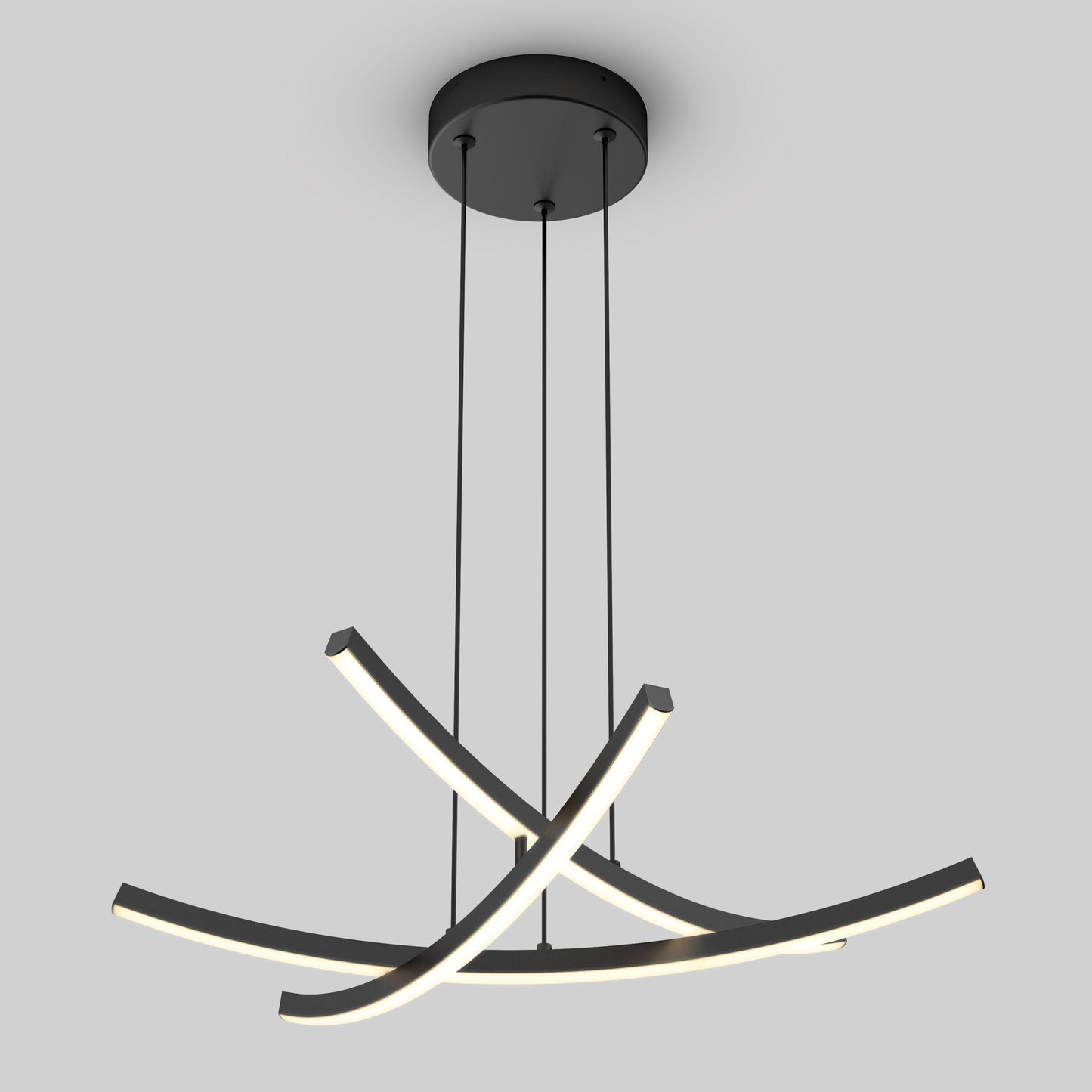 The Orly modern LED pendant light 5 CCT by Artika-CAN-dev features three curved, intersecting LED bars suspended from a round black base by thin black wires, shown against a plain light gray background.