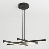 Modern black chandelier with three elongated, intersecting LED light bars suspended from a round black ceiling mount by two thin cords, set against a white ceiling background.
