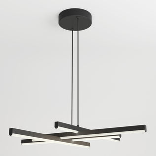 The Artika Grid LED pendant light features three intersecting horizontal LED bars, suspended by cords from a round black ceiling mount, creating a modern look against a white background.