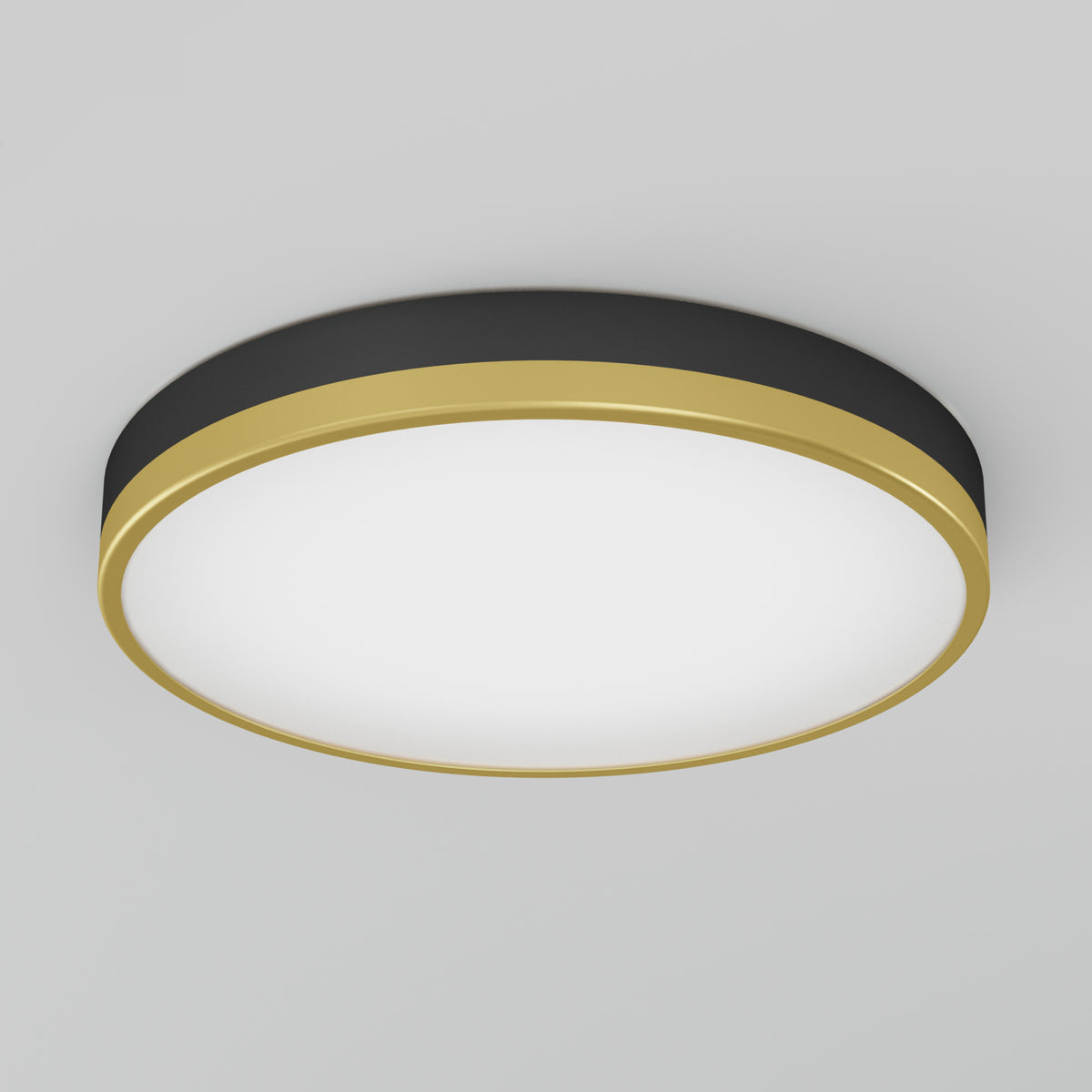 A round ceiling light fixture with a black and gold rim and a white illuminated center, mounted on a plain light gray ceiling.