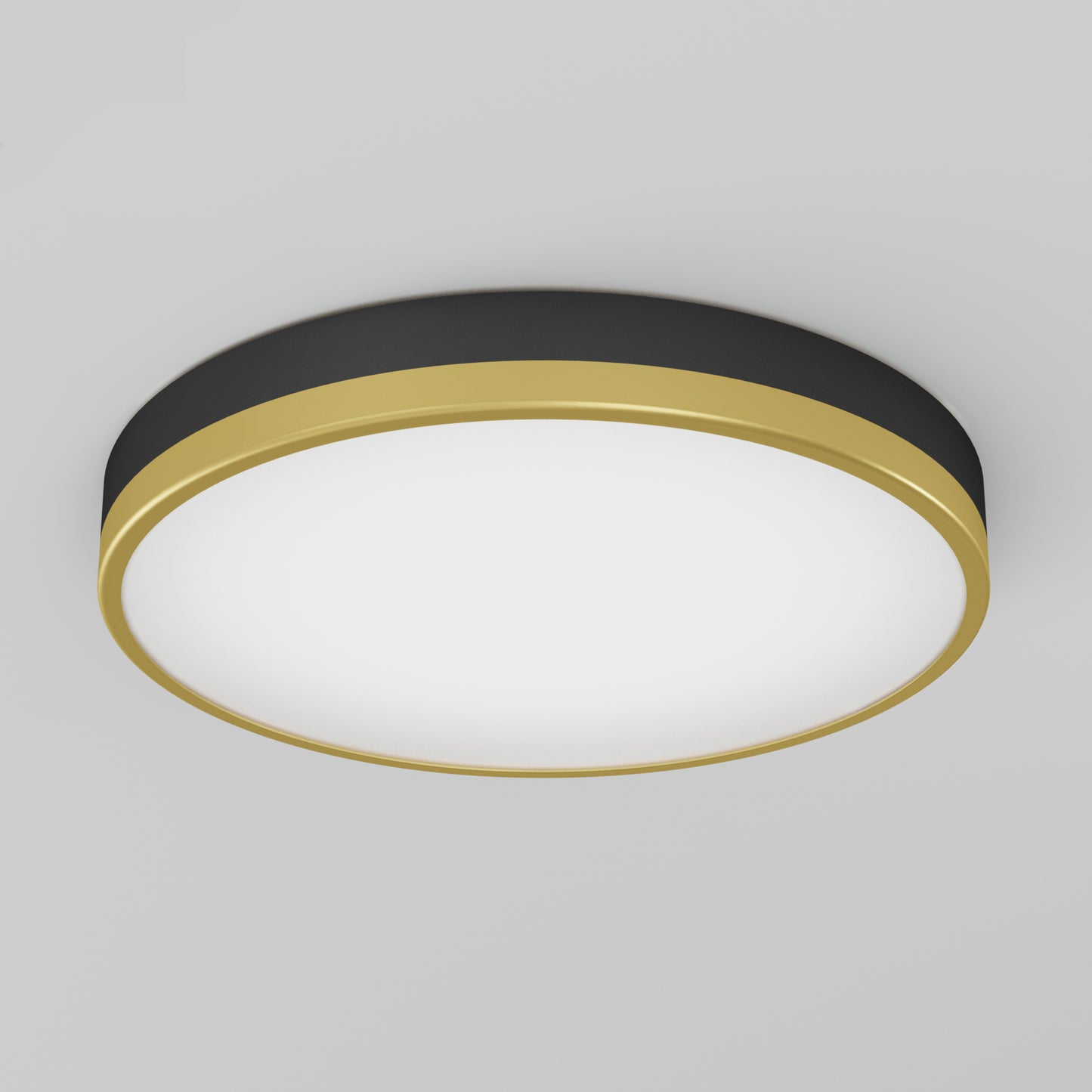 The Artika Kent LED flush mount light is a modern, round fixture with a black rim, gold trim, and white center, mounted on a light gray ceiling.