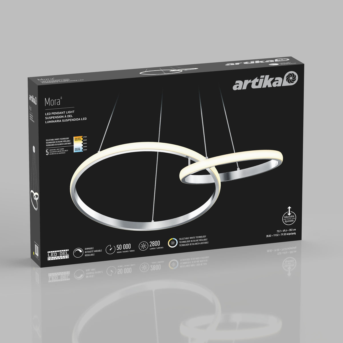 Box of Artika Mora 28″ LED Pendant, 5CCT, with dual rings and color temp tech, shown on a gray background.