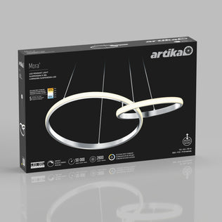 Box of Artika Mora 28″ LED Pendant, 5CCT, with dual rings and color temp tech, shown on a gray background.