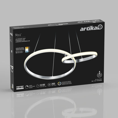 Box of Artika Mora 28″ LED Pendant, 5CCT, with dual rings and color temp tech, shown on a gray background.