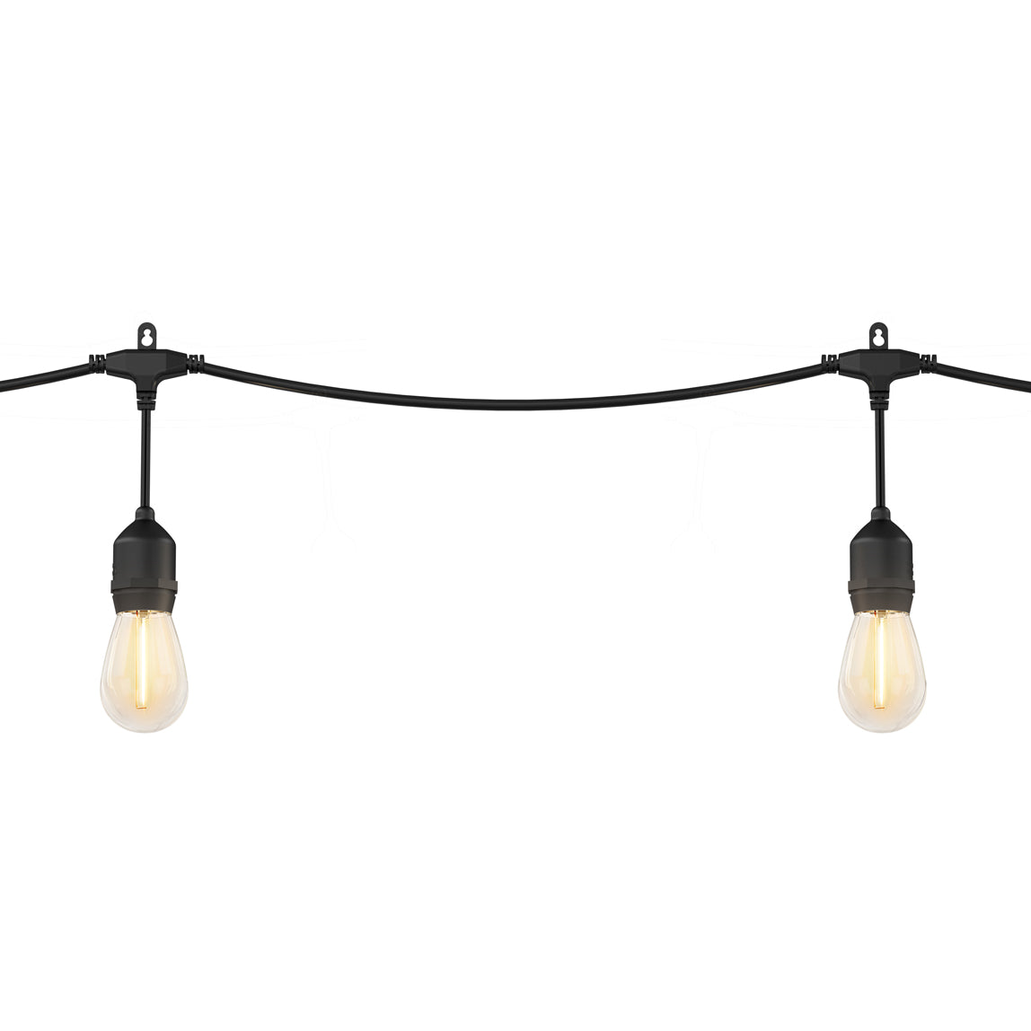 Two Blaze 20 LED Outdoor Solar String Lights by Artika hang from a black wire against a white background, their exposed vintage-style bulbs glowing warmly.