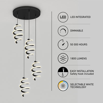 The Artika Chorus 4 Light LED Pendant features spiraled black fixtures with integrated dimmable LEDs, selectable white technology (5 CCT), 1800 lumens, 50,000-hour lifespan, and easy installation.