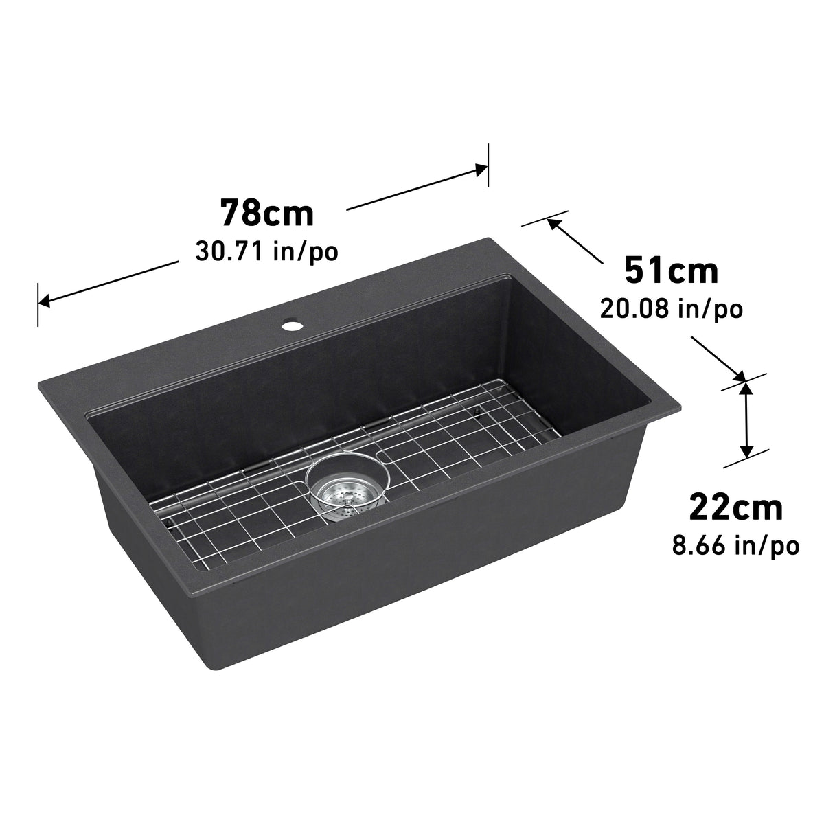 Artika Baycrest 31 in. Modern Sink—sleek black granite composite, single bowl, 78x51x22cm, with grid for modern kitchen durability.