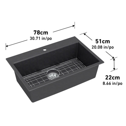 Artika Baycrest 31 in. Modern Sink—sleek black granite composite, single bowl, 78x51x22cm, with grid for modern kitchen durability.