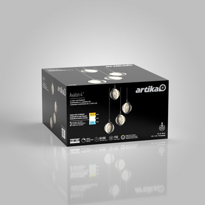 A black box package for the Artika Avalon 4-light LED pendant displays images of the hanging lights, product details, and specifications on the front and sides, all set against a light gray background.