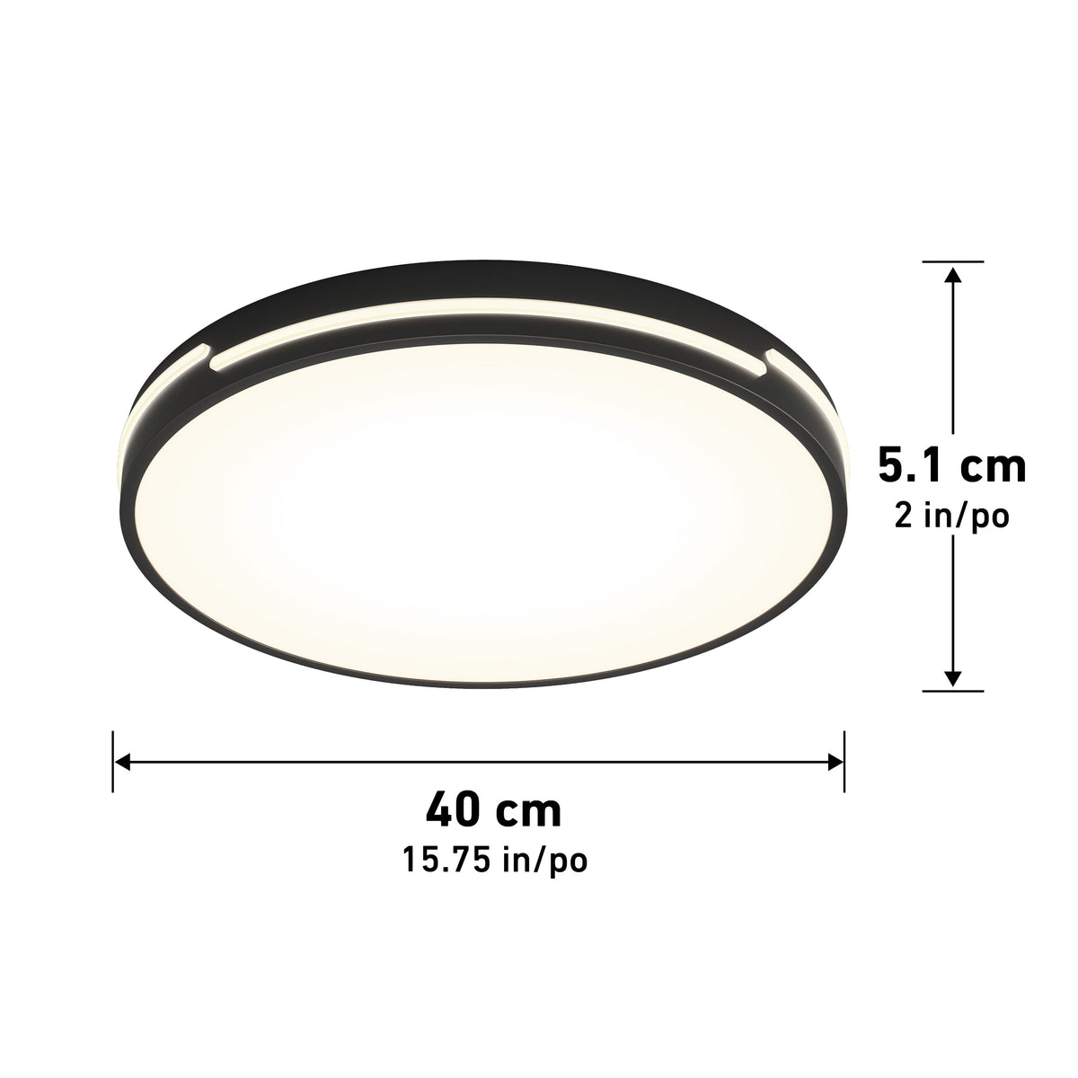 The Artika Delray 15.7 in. LED modern flush mount light features a round, white illuminated surface with black edges, measuring 40 cm in diameter and 5.1 cm in height, with labeled arrows showing its dimensions.