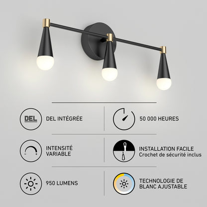 Artika Wayden 21-in (53 cm) Integrated LED 3-CCT Vanity Light in matte black and gold with 950 lumens, dimmable functionality, and 50k-hour lifespan.
