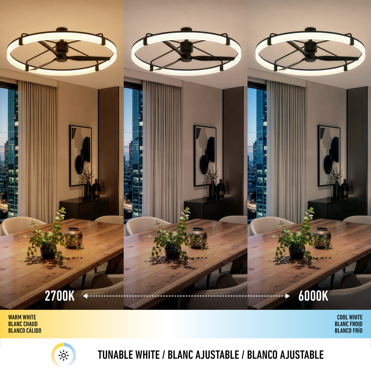 Three dining scenes show Artika’s Sunnyvale 52″ LED Ceiling Fan changing from 2700K to 6000K tunable white, operated by remote.