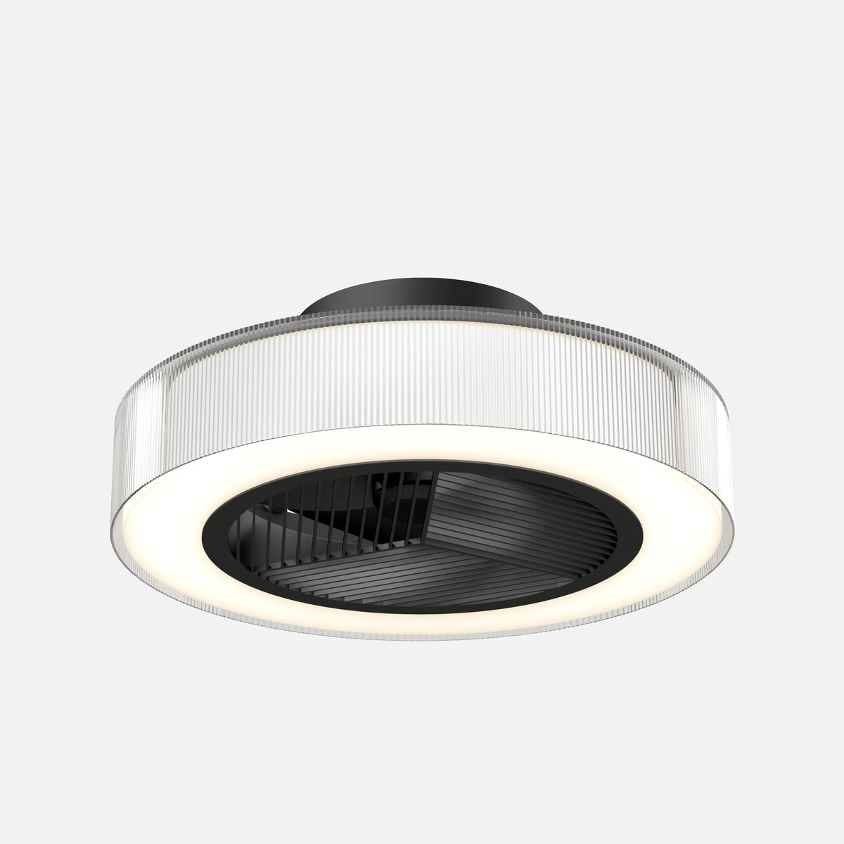 A modern, circular ceiling light fixture with a translucent ribbed outer ring and a black, vented central section set against a plain white background.