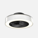 A modern, circular ceiling light fixture with a translucent ribbed outer ring and a black, vented central section set against a plain white background.