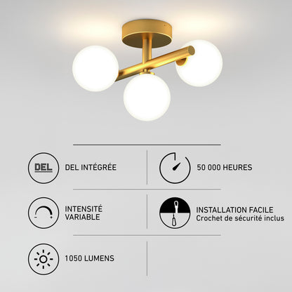 Bloom 3-light 13 in. (33 cm) Modern LED Flush Mount Ceiling Light 5 CCT with three white globe shades, a gold-tone finish, and technical spec icons.