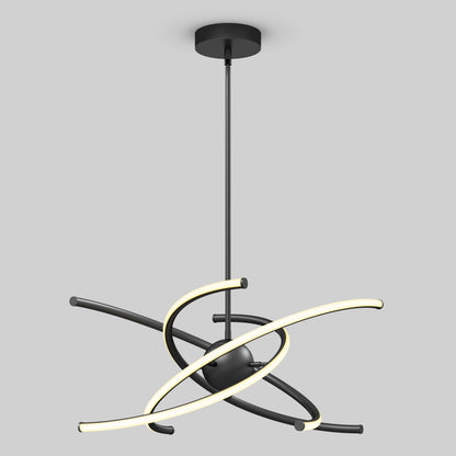 The Artika Silvio LED pendant light 3 CCT features three curved, intersecting LED arms in black, suspended from a ceiling mount. Its sculptural, orbital design emits a soft white glow, shown here against a light gray background.