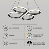 Modern LED pendant light with intertwined loops, highlighted features below: LED integrated, 50,000 hours lifespan, dimmable, tunable white technology, 1800 lumens brightness, and easy installation with a safety hook.
