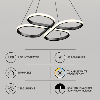 Modern LED pendant light with intertwined loops, highlighted features below: LED integrated, 50,000 hours lifespan, dimmable, tunable white technology, 1800 lumens brightness, and easy installation with a safety hook.