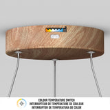 A wooden ceiling fixture with hanging cables features a color temperature switch and a multicolored temperature indicator above a white button. Text below reads, Colour temperature switch in English, French, and Spanish.