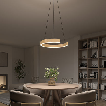 A modern dining room with a round wooden table, four upholstered chairs, a potted plant centerpiece, bookshelves, and a spiral-shaped pendant light hanging from the ceiling.