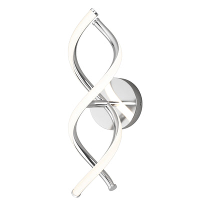 A modern wall sconce light with two intertwined, curved LED bars in a helix shape, attached to a circular chrome base. The design is sleek and contemporary.