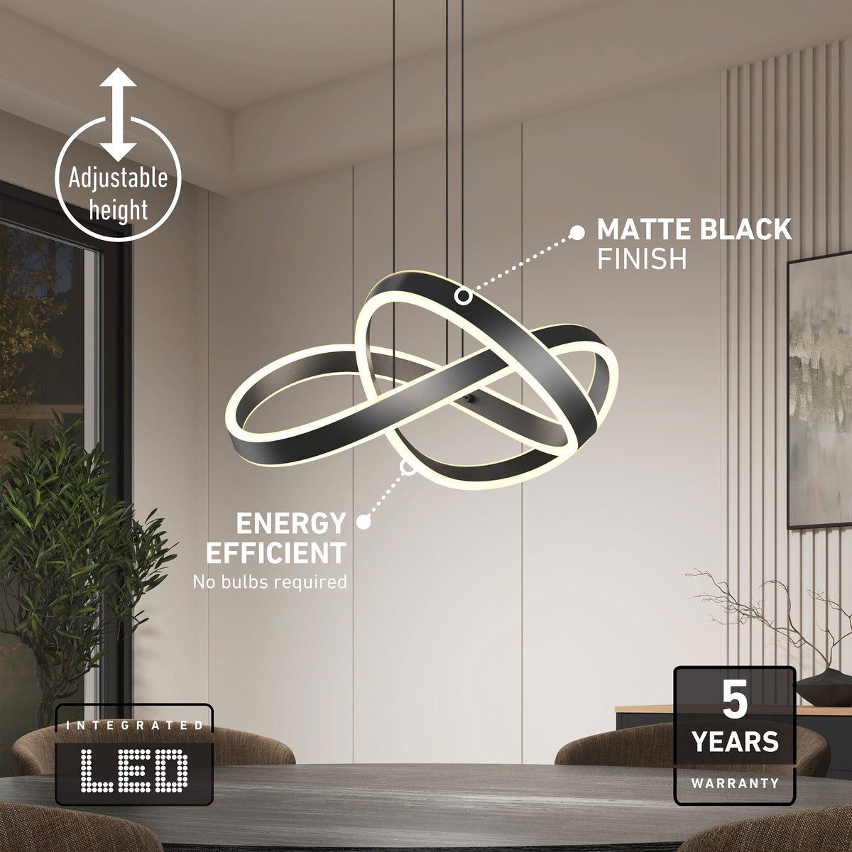 Artika Bolero LED pendant light, matte black, 5 CCT, adjustable height, integrated LED tech & 5-year warranty for tables.