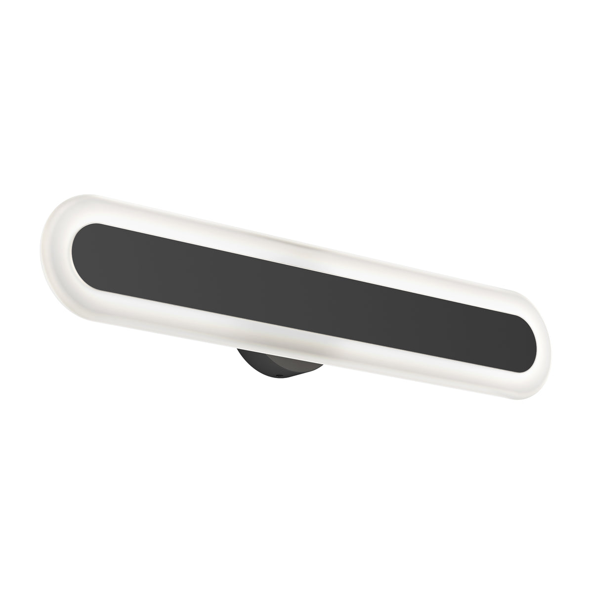 A modern, oval-shaped wall light fixture with a black central panel and a white illuminated border, mounted on a circular black base.