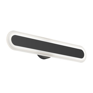 The Artika Pista modern LED bathroom vanity light 5 CCT features a sleek oval design with a black center panel, white glowing border, and matte black circular base. This dimmable fixture is perfect for contemporary spaces.