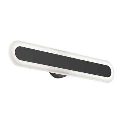 The Artika Pista modern LED bathroom vanity light 5 CCT features a sleek oval design with a black center, white illuminated border, and a compact round base.