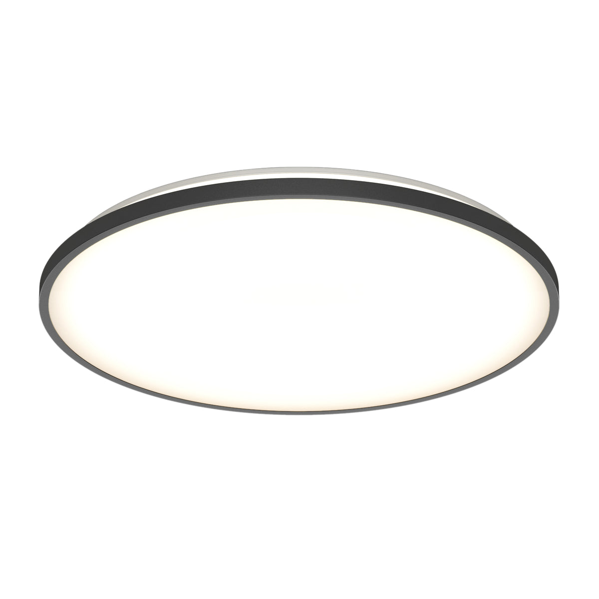 A modern, round LED ceiling light with a thin dark frame and a bright, evenly illuminated white surface, viewed from below against a plain background.