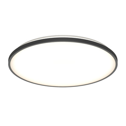 The Artika Europa 21 in. LED modern flush mount light features a black rim and evenly lit white surface, seen from below against a white background. Includes remote control.