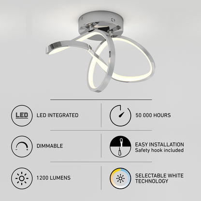 Modern LED ceiling light with curved metal design and glowing strips. Feature icons below describe: LED integrated, dimmable, 1200 lumens, 50,000 hours lifespan, easy installation, and selectable white technology.