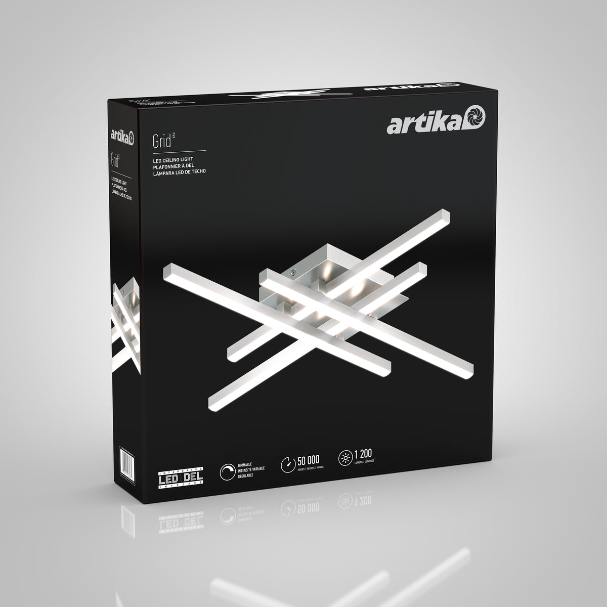 Box of Artika Grid LED ceiling light, featuring an image of the modern, geometric fixture with intersecting slim bars and bright white lighting on a black background. Key specs and branding are visible on the packaging.