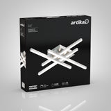 Box of Artika Grid LED ceiling light, featuring an image of the modern, geometric fixture with intersecting slim bars and bright white lighting on a black background. Key specs and branding are visible on the packaging.