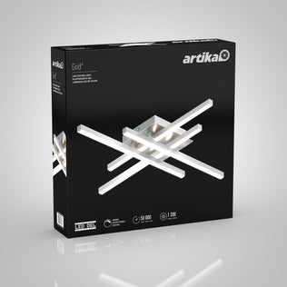 A black box of Artikas Grid LED flush mount, showing the modern geometric fixture with four intersecting bars and product details in white text.