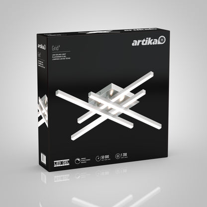 A black box of Artikas Grid LED flush mount, showing the modern geometric fixture with four intersecting bars and product details in white text.