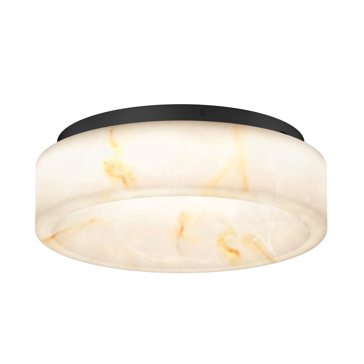 Round ceiling light fixture with a black base and a white, marble-patterned glass shade featuring subtle yellow and brown veining.