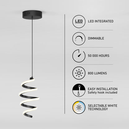 The Artika Chorus 1-light LED pendant 5 CCT hangs from the ceiling, with icons and text showing its LED integration, dimmability, 50,000-hour lifespan, 800 lumens brightness, easy installation, and selectable white technology.