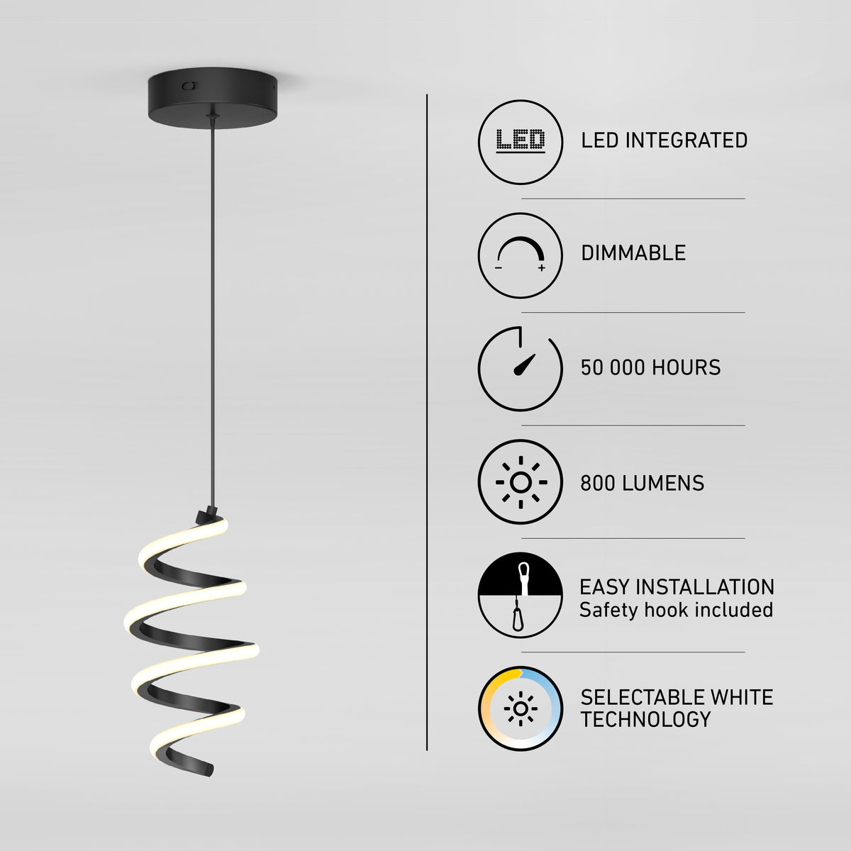 A modern spiral LED pendant light hangs from the ceiling. Beside it, icons highlight features: LED integrated, dimmable, 50,000 hours lifespan, 800 lumens, easy installation with safety hook, and selectable white technology.