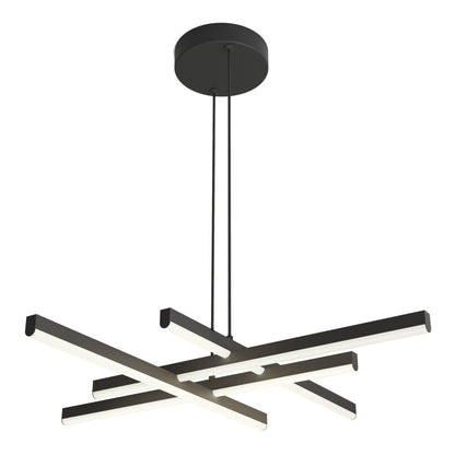 The Artika Grid LED pendant light features intersecting black metal bars with integrated LED strips, suspended by two cords from a round black ceiling mount.