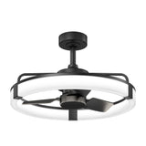 Black ceiling fan with white light ring on a white background