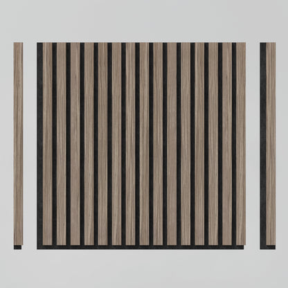 The Artika-CAN-dev Sonolok 15.5 ft sound-absorbing wall panel kit features square wood panels with evenly spaced vertical natural-finish slats over a black background, plus extra matching slats for side installation on white surfaces.