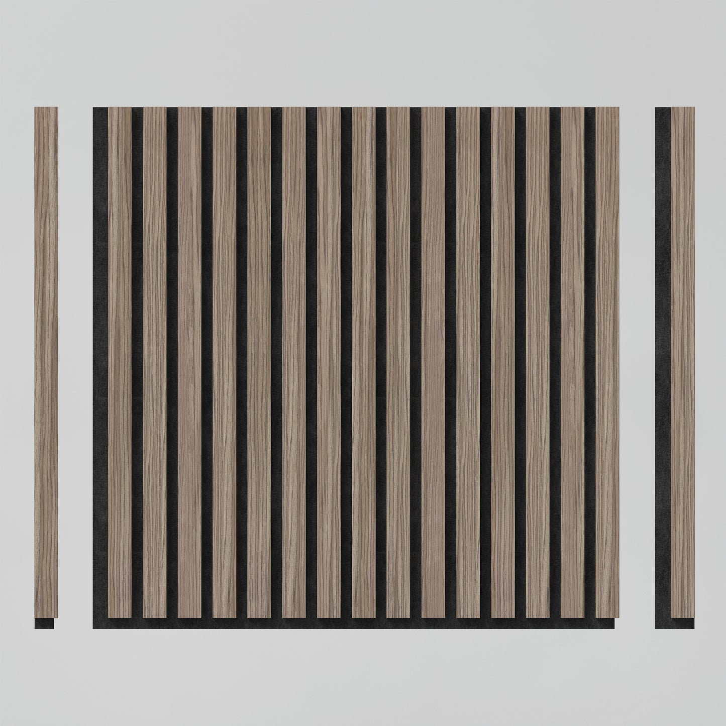 The Artika Sonolok 15.5 ft sound-absorbing wall panel kit features vertical light brown wooden slats on a black background, shown with two slim side pieces and one slim bottom piece parallel to the panel.