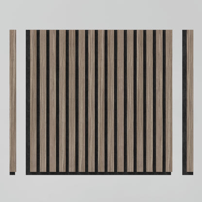 The Artika Sonolok 15.5 ft sound-absorbing wall panel kit features vertical light brown wooden slats on a black background, shown with two slim side pieces and one slim bottom piece parallel to the panel.