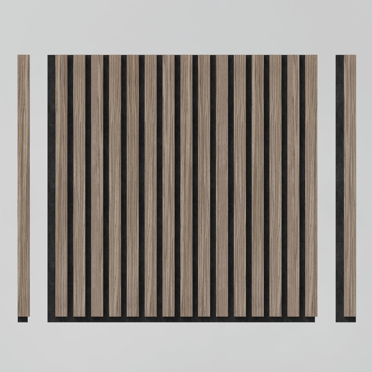 A square wooden panel with vertical light brown and black slats, accompanied by two separate matching slats positioned on the left and right sides of the panel, all against a plain white background.