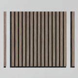 A square wooden panel with vertical light brown and black slats, accompanied by two separate matching slats positioned on the left and right sides of the panel, all against a plain white background.